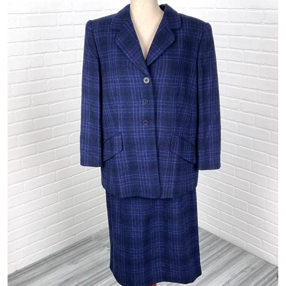 Jones New York Skirt Suit Women 14P/W 44/33W Blue Black Plaid Lambswool